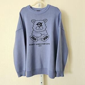 OY ODOLLY Pale Blue Audrey Teddy Bear Graphic Print Pullover Knit Sweater Sz M